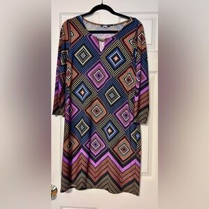 MSK Long Sleeve Geometric Dress - Pink, Orange, Black